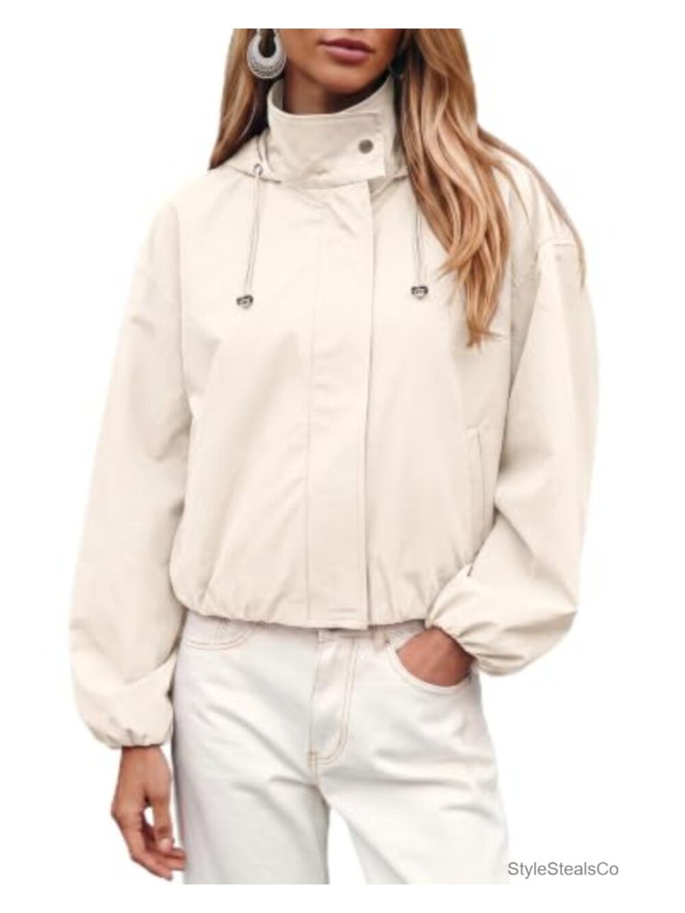 Funnel Neck Zip Up Hooded Bomber Jacket Casual Crop